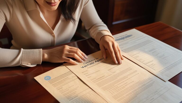 不安そうな表情の女性が、結婚相談所の資料を見ながら悩んでいる様子。やさしく背中を押す婚活サポートのイメージ。