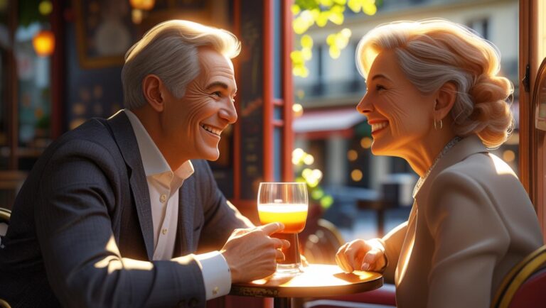 笑顔で話す60代の男性の婚活。女性とカフェで向き合う様子。落ち着いた大人の婚活をイメージ。
