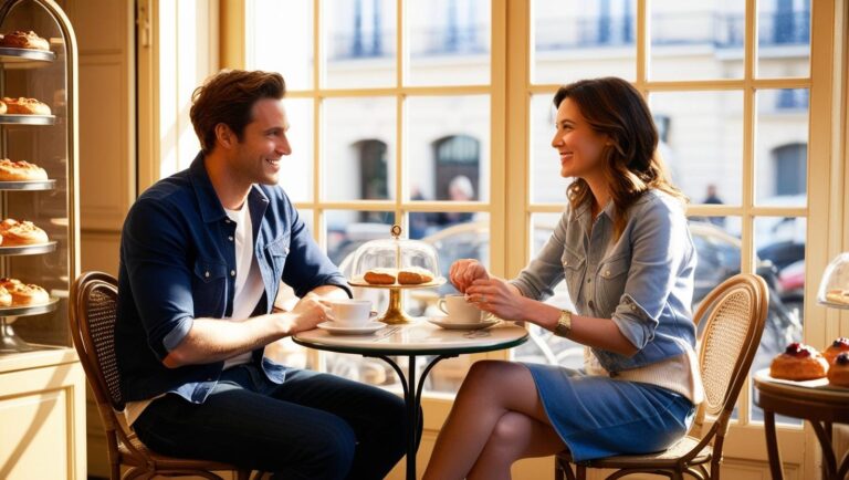 婚活中の男女が、やさしい雰囲気で会話をしている様子（出会いのイメージ）