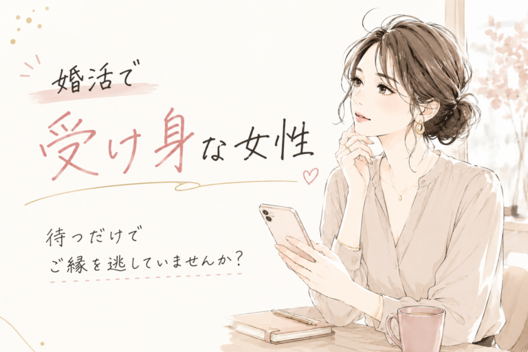婚活で受け身な女性をテーマにしたイラスト画像。スマートフォンを見ながら考え事をする大人の女性と、「婚活で受け身な女性」「待つだけでご縁を逃していませんか？」という手書き風の文字を配置。ベージュやくすみピンクを基調とした、やわらかく上品な雰囲気のデザイン。
