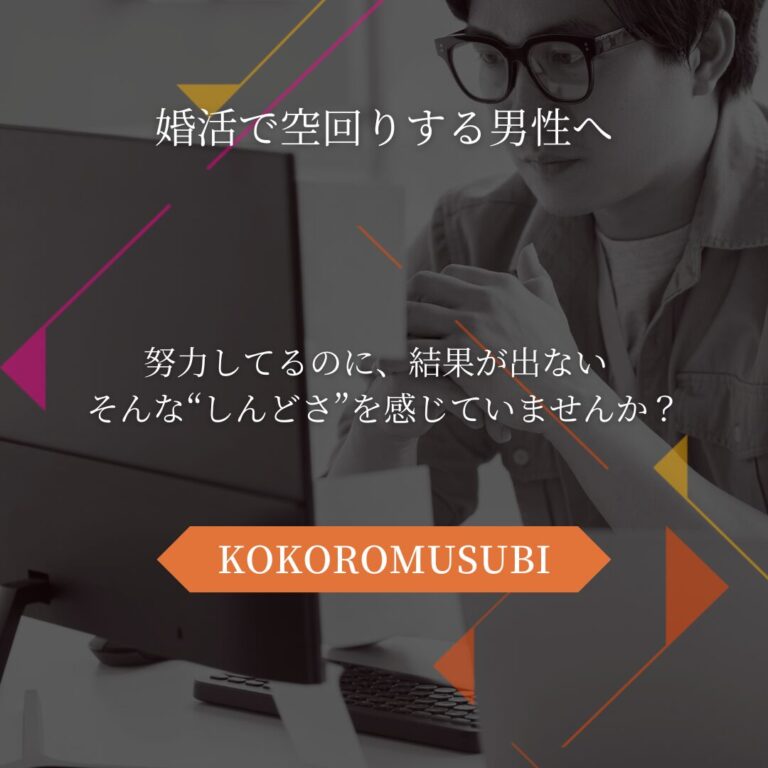 眼鏡をかけた男性がパソコン画面を真剣に見つめている背景に、「婚活で空回りする男性へ」「努力してるのに、結果が出ない そんな“しんどさ”を感じていませんか？」というメッセージが重ねられている。下部には「KOKOROMUSUBI」のオレンジのボタンが配置されている。