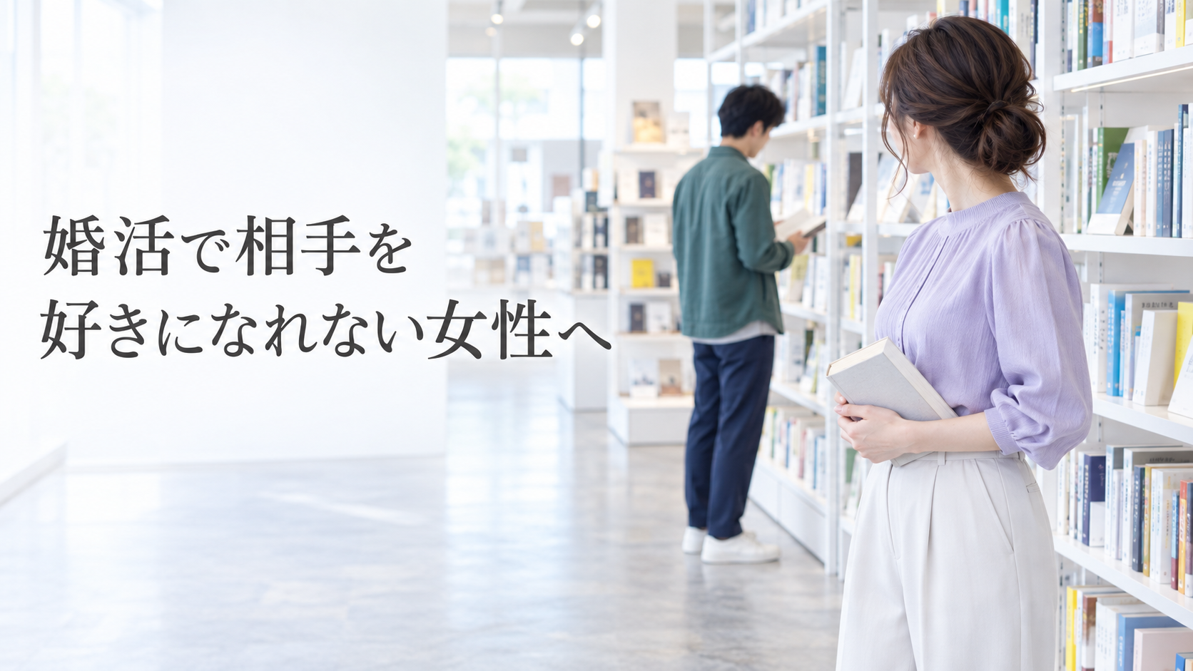 婚活で相手を好きになれず、書店で男性を見ながら気持ちに迷う女性の様子