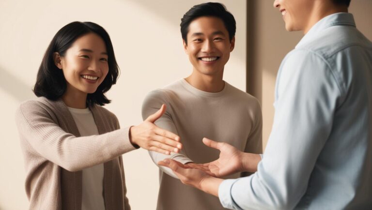婚活の自己紹介で話す男女のイラスト。穏やかな雰囲気で笑顔を交わしている様子。