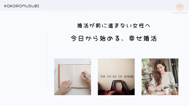 婚活が前に進まない女性へというメッセージと「今日から始める、幸せ婚活」というキャッチコピーが配置されたデザイン画像。ノートに書く手元、言葉の力を示すバッグの写真、カフェでノートを書く女性の写真を並べた構成。