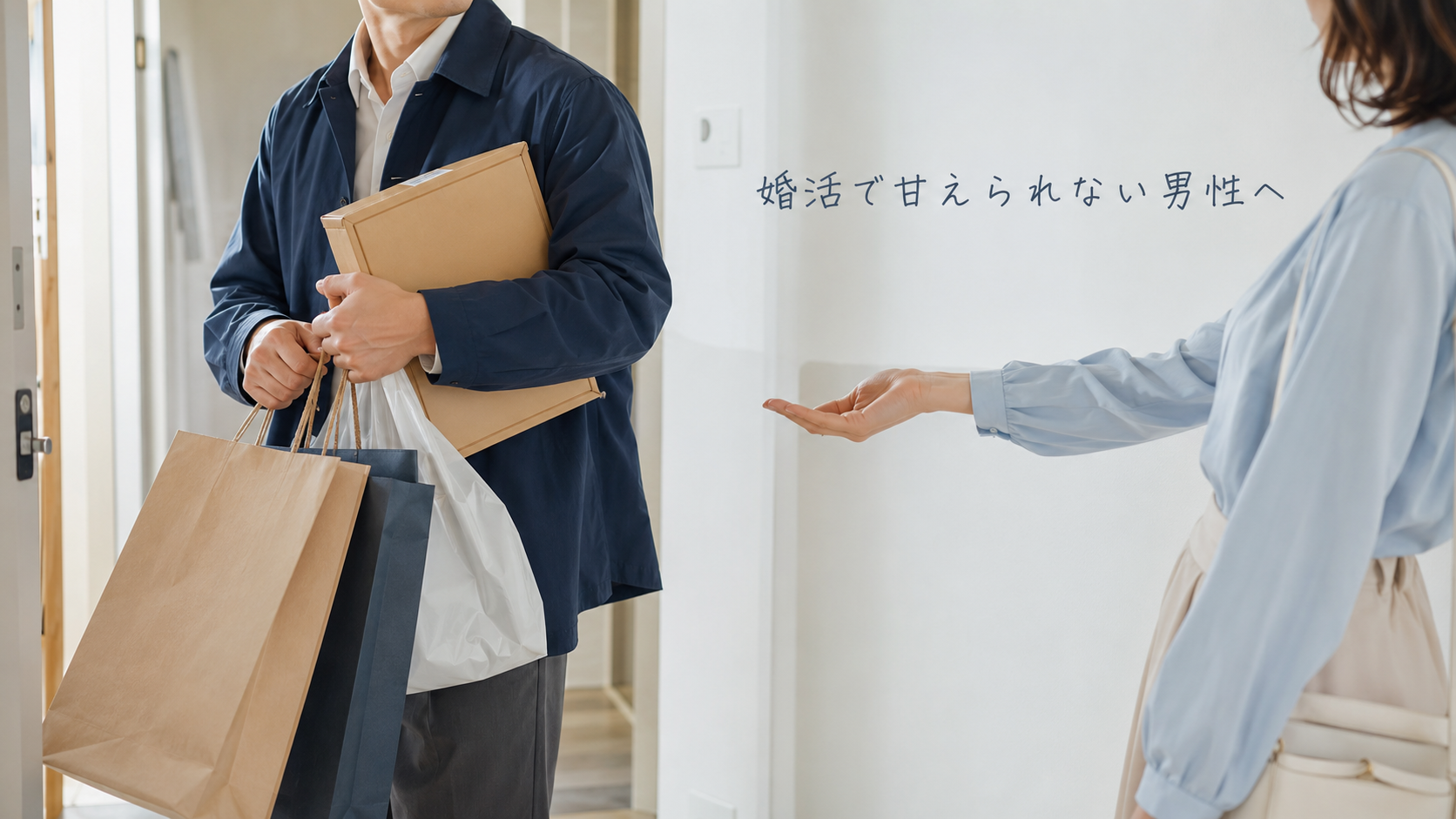 婚活で甘えられない男性が、女性から差し出された手を前に一人で荷物を抱えている様子