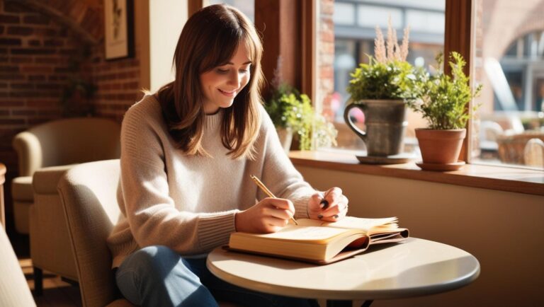 婚活の振り返りをする男女がカフェでノートに書き込みながら、自分の婚活の方法を見直している様子。前向きな気持ちで次のステップを考えている様子