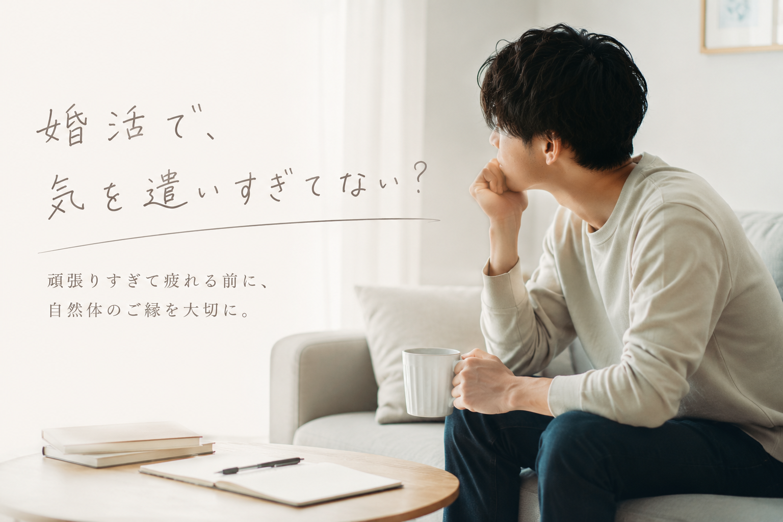 婚活で気を遣いすぎて疲れてしまう男性をイメージした、やわらかいベージュ系カラーのナチュラルなビジュアル。ソファに座りながら静かに考え込む男性の横顔と、手書き風のやさしい文字で「婚活で、気を遣いすぎてない？」というメッセージを配置し、無理しない自然体のご縁をテーマにした落ち着いた雰囲気のデザイン。