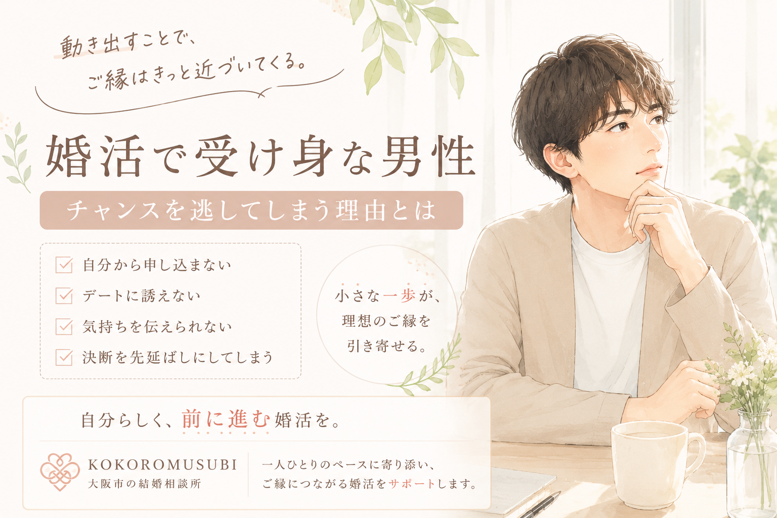 婚活で受け身な男性をテーマにしたイラスト画像。ベージュとアイボリーを基調とした優しい色合いの中で、考え事をする男性を描き、「婚活で受け身な男性」「チャンスを逃してしまう理由とは」という手書き風の文字を配置。前向きな一歩の大切さを伝える、温かく上品なデザイン。