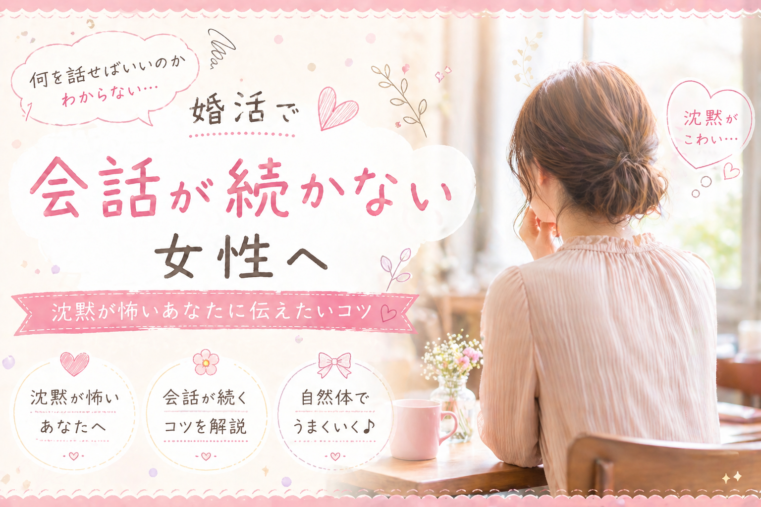 婚活で会話が続かない女性に向けた悩み提起のイメージ画像。カフェで後ろ姿の女性が会話に悩む様子と「沈黙が怖い」などのメッセージ入り（大阪の結婚相談所KOKOROMUSUBI）