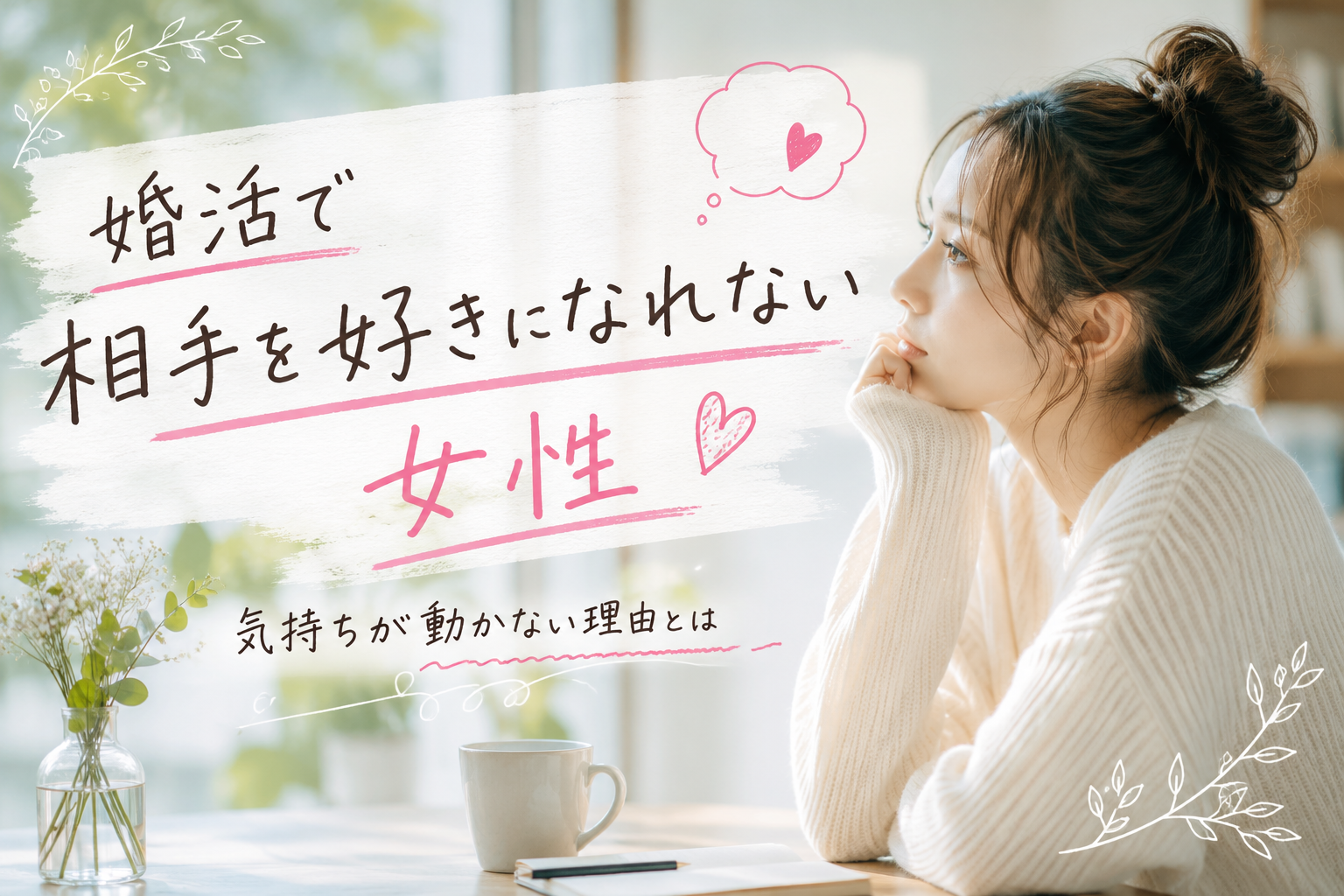 婚活で相手を好きになれない女性をテーマにした画像。窓辺で考え込む女性の横に、「婚活で相手を好きになれない女性」「気持ちが動かない理由とは」という手書き風の文字を配置。やわらかな光と淡い色合いで、婚活中の迷いや気持ちの揺れを表現している。
