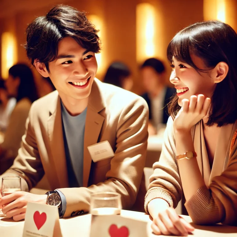 婚活イベントで会話を楽しむ男女。明るい雰囲気の会場で、笑顔でコミュニケーションをとる様子が印象的