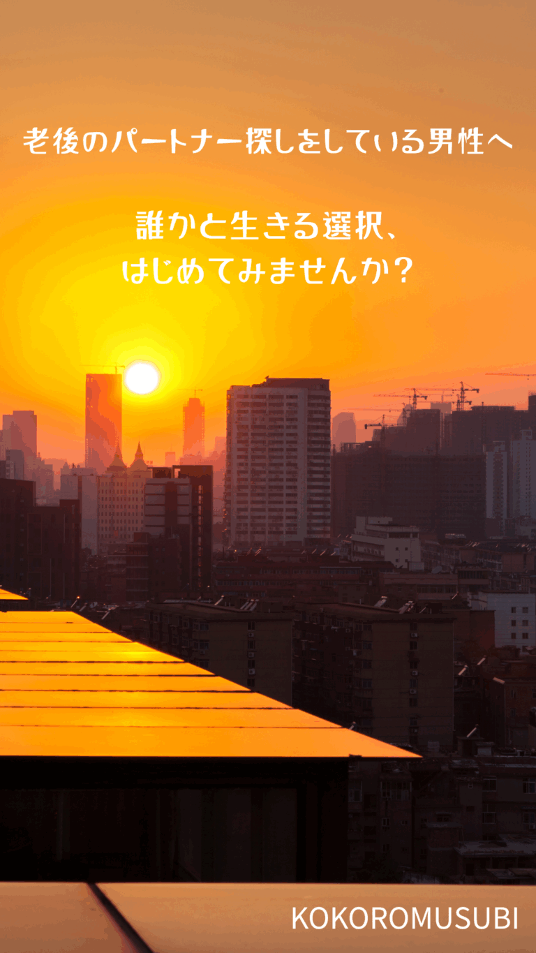 夕陽が沈む都市の風景と共に、『老後のパートナー探しをしている男性へ　誰かと生きる選択、はじめてみませんか？』と書かれたメッセージ画像