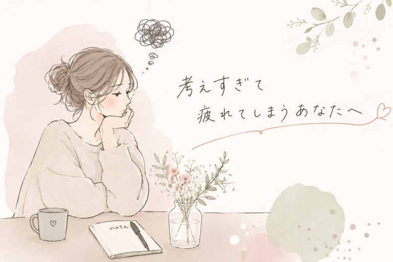 **代替テキスト** 婚活で考えすぎる女性をテーマにした手描き風イラスト。頬杖をついて考え込む女性が描かれ、「考えすぎて疲れてしまうあなたへ」という手書き風のメッセージが添えられている。淡いベージュとピンクを基調とした優しい色合いで、不安や迷いを抱えながら婚活に向き合う女性の気持ちを表現したデザイン。