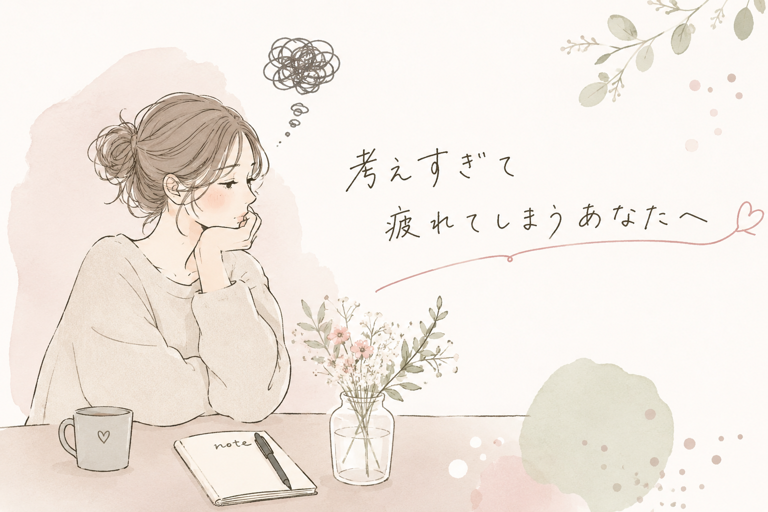 **代替テキスト** 婚活で考えすぎる女性をテーマにした手描き風イラスト。頬杖をついて考え込む女性が描かれ、「考えすぎて疲れてしまうあなたへ」という手書き風のメッセージが添えられている。淡いベージュとピンクを基調とした優しい色合いで、不安や迷いを抱えながら婚活に向き合う女性の気持ちを表現したデザイン。